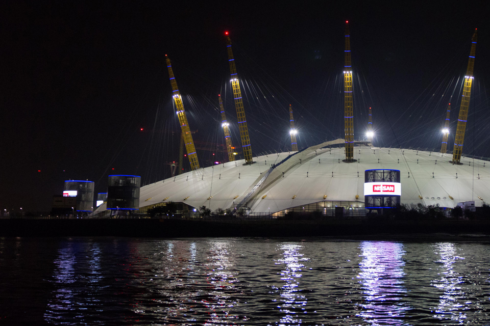 The O2 Arena seen from the River Thames at night